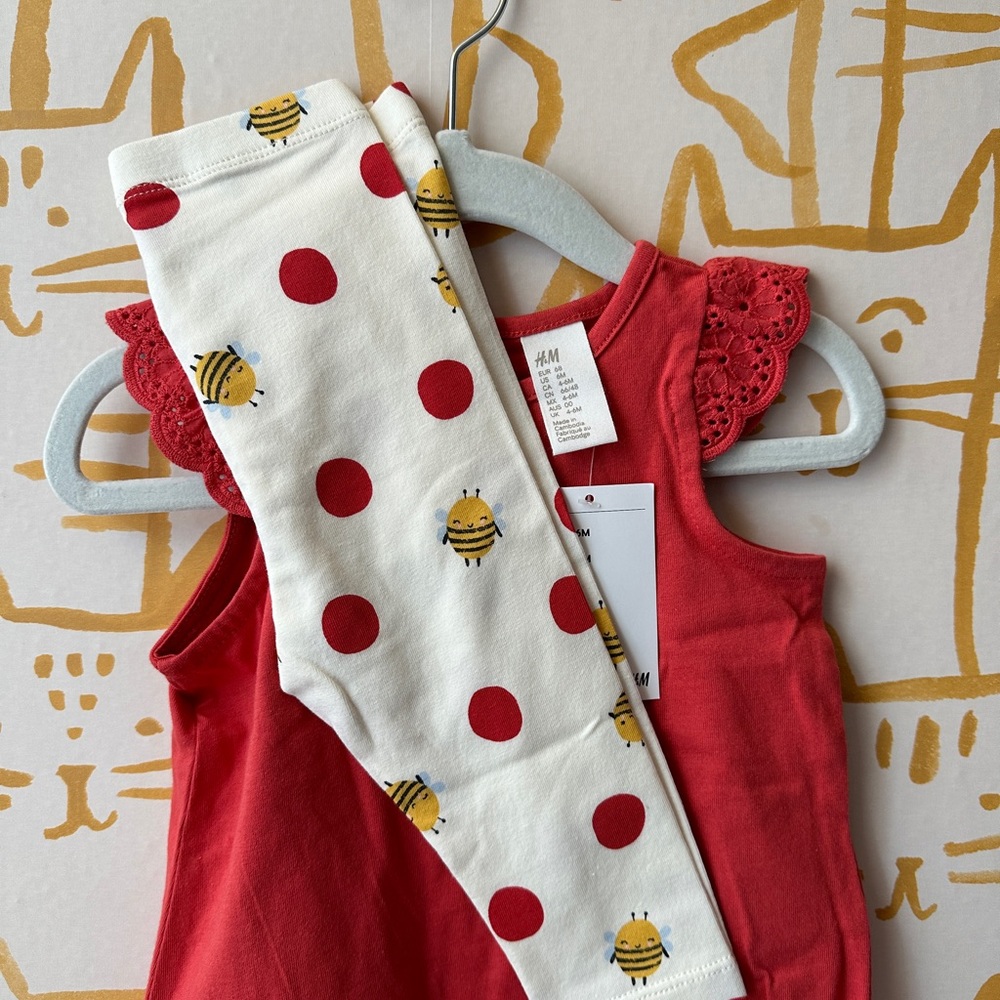 H&M Baby 2 piece Cotton Red Top Bee Tights Outfit